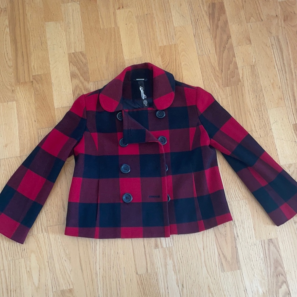 Red and black cropped pea coat